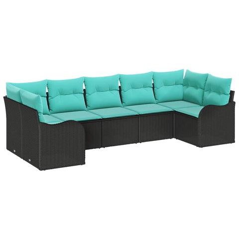 vidaXL Garden Sofa Set 7 pcs Black and turquoise Poly rattan, Modular Garden Sofa Set, Comfortable Rattan Seating, UV-Resistant, Versatile Lounge Furniture for Outdoors
