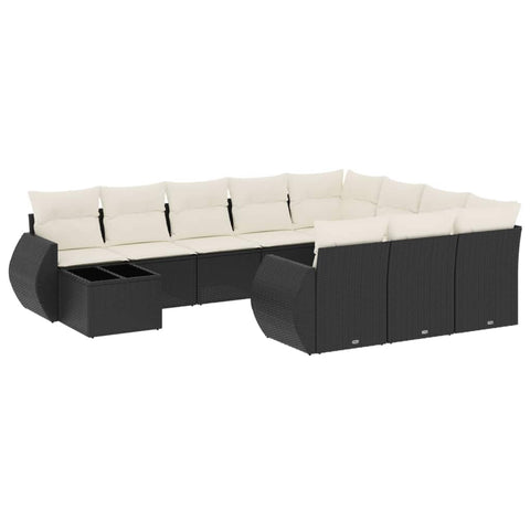 vidaXL Patio Sofa Set with Cushions 11 Piece, Sectional Sofa with Glass Table, Outdoor Conversation Set, Modern Style, Black Poly Rattan