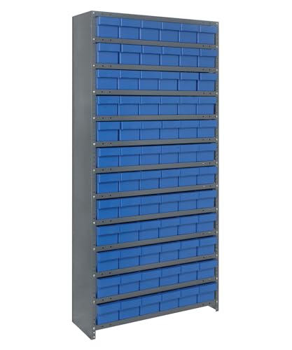 Quantum Storage Systems CL1275-601BL Closed Shelving System with Super Tuff Euro Drawers, 72 QED601 Shelf Bins, 12" D x 36" W x 75" H, Blue