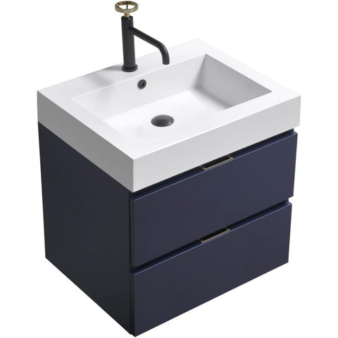 Oakestry Bliss 24 Inch Wall Mounted Bathroom Vanity Blue Finish Modern Floating Cabinet with Integrated Ceramic Sink and Soft Close Door for Small and Medium Bathrooms