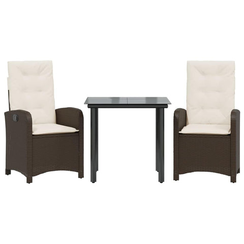 vidaXL 3 Piece Patio Dining Set with Cushions - Adjustable Reclining Chairs, Tempered Glass Top Table - Brown Poly Rattan