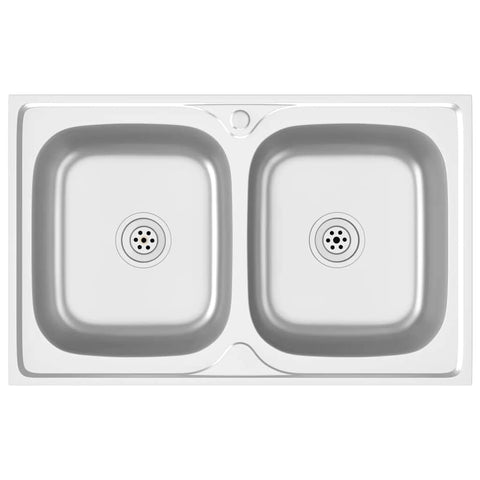 vidaXL Kitchen Sink, Undermount Sink with Strainer and Pipe, Stainless Steel Sink, Countertop Double Bowl Kitchen Sink, Silver Rectangular