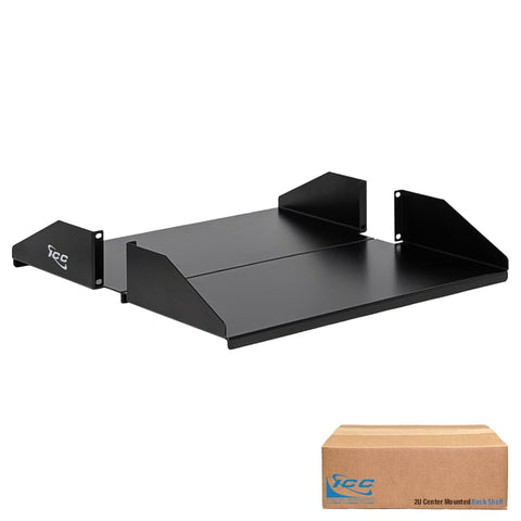 ICC 2U Center-Mount Rack Shelf, Heavy-Duty Solid Steel Tray for 19" Network Equipment Racks, 20" Deep, 100 lbs Capacity, Single-Pack, Black