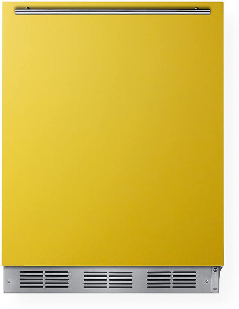 ADA height 24 refrigerator-freezer for residential use with saffron gold door stainless steel handle and black cabinet