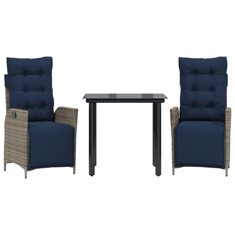 vidaXL Patio Dining Set - Adjustable PE Rattan Recliners with Cushions & Glass-Top Table for Outdoor, Garden, Backyard - Gray/Navy Blue