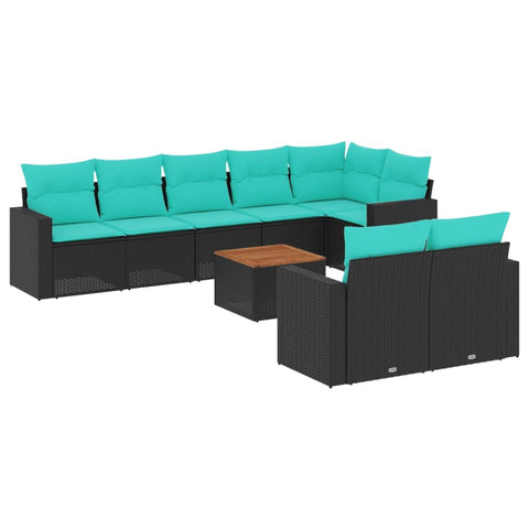 vidaXL Patio Sofa Set with Cushions 9 Piece, Outdoor Conversation Set, Patio Furniture Set for Balcony Garden, Modern Style, Black Poly Rattan