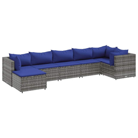 vidaXL 7-Piece Patio Lounge Set - Gray Poly Rattan with Dark Blue Cushions, Modular Design, Tempered Glass Tabletop, Weather- for Outdoor Garden, Patio, Terrace