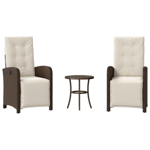 vidaXL 3 Piece Poly Rattan Bistro Set with Adjustable Recliners & Cushions - Brown/Cream White for Garden, Patio, Balcony