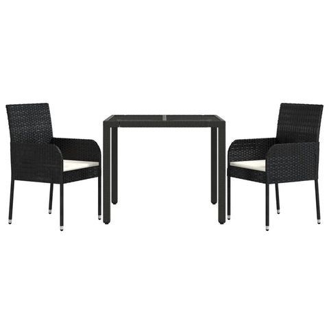 vidaXL Stylish 3-Piece Patio Dining Set with Cushions, Durable Black Poly Rattan, Weather-Resistant, Comfortable Seating with Backrest, Easy Maintenance Tempered Glass Tabletop