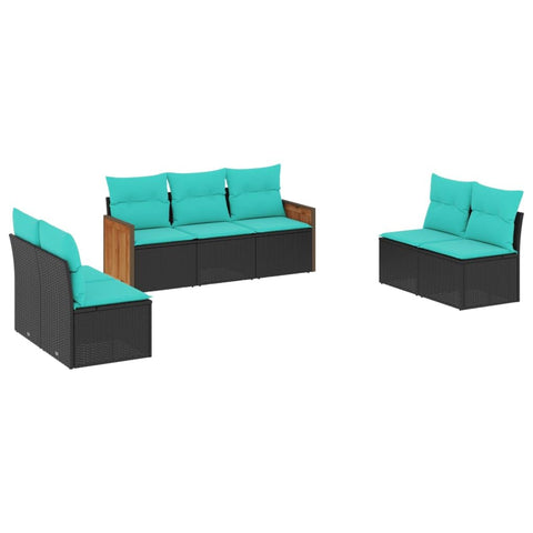 vidaXL 7 Piece Patio Sofa Set with Blue Cushions - Black Poly Rattan Outdoor Modular Furniture for Garden, Deck, and Lounge