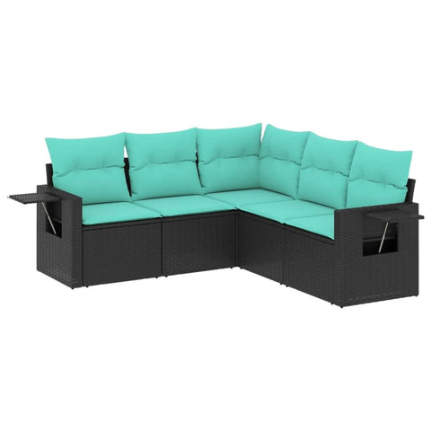 vidaXL - Black Poly Rattan Patio Sofa Set with Cushions - Outdoor Garden Furniture - Modular Design - 5 Piece - UV Resistant - Comfortable Seating - Blue Cushions - 24.4"-33.5" x 24.4" x 27.2"