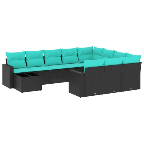 vidaXL Patio Sofa Set with Cushions 11 Piece, Sectional Sofa with Glass Table, Outdoor Conversation Set, Patio Furniture, Black Poly Rattan