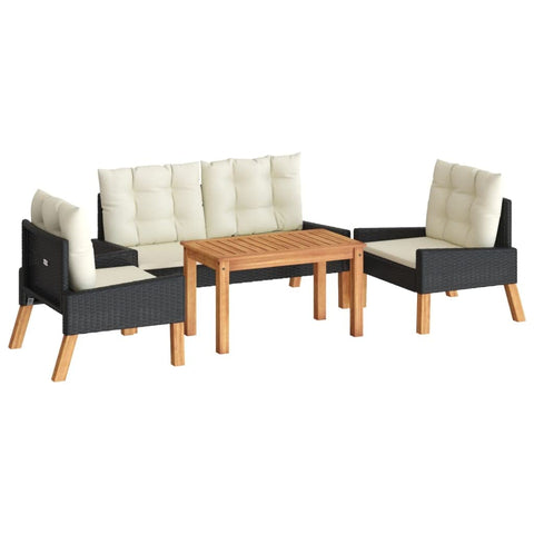 vidaXL 4 Piece Patio Lounge Set - Poly Rattan & Solid Wood Construction - Black Couch & White Cushions - Durable, Comfortable Seating - Includes Table - Perfect for Gardens and Terraces