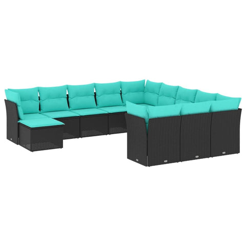vidaXL Patio Sofa Set - 12 Piece, Black Poly Rattan Outdoor Furniture with Blue Cushions, Modular Design, Weather