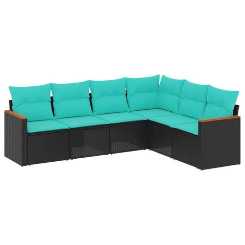 vidaXL Patio Sofa Set with Cushions 6 Piece Black Poly Rattan - Outdoor/Garden Furniture Set with Steel Frame and Washable Blue Cushions for Backyard/Deck/Terrace
