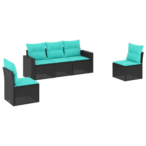 vidaXL Outdoor Patio Sofa Set - 5 Piece Black Poly Rattan, Blue Cushions - Garden, Terrace, Deck Furniture - UV, Modular Design, with Removable Cushion Covers