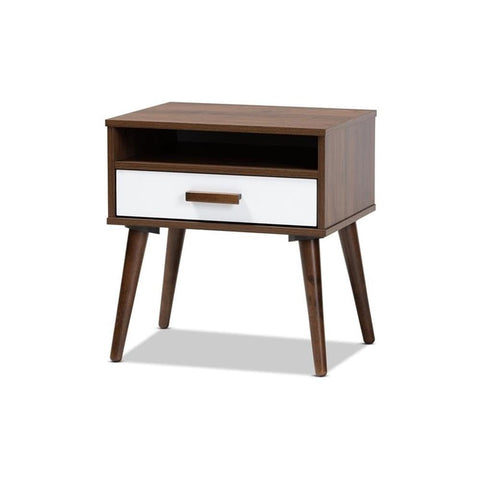 Baxton Studio Quinn Mid-Century Modern Two-Tone White and Walnut Finished 1-Drawer Wood End Table