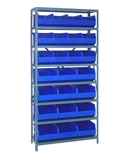 Quantum Storage Systems 2475-483485BL Shelving Unit, 24" D x 36" L x 75" H, Carbon Steel, Galvanized with Blue Bins