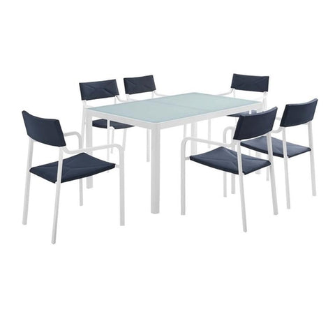 Modway Raleigh 7-Piece Aluminum Fabric Outdoor Patio Dining Set in White/Navy