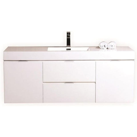 Oakestry Bliss 60 Inch Wall Mounted Bathroom Vanity High Gloss White Finish Modern Floating Cabinet with Integrated Single Ceramic Sink and Soft Close Drawers for Large Bathrooms