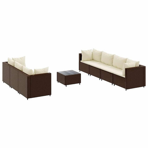 vidaXL 8 Piece Outdoor Patio Lounge Set with Cushions - Brown Poly Rattan, Powder-Coated Steel Frame, Modular Sofa, Tempered Glass Tabletop, Garden Furniture for Backyard, Terrace, Deck