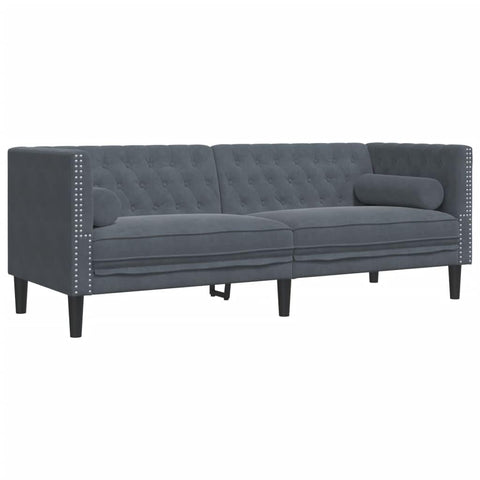 vidaXL Chesterfield 3-Seater Sofa - Dark Gray Velvet Couch with Bolster Pillows, Button-Tufted Backrest, Thick Padding for Living Room/Lounge