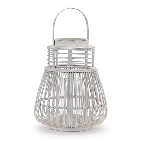 Melrose International White Rattan Lantern 14.5" - Woven MDF Decorative Candle Holder for Tabletop