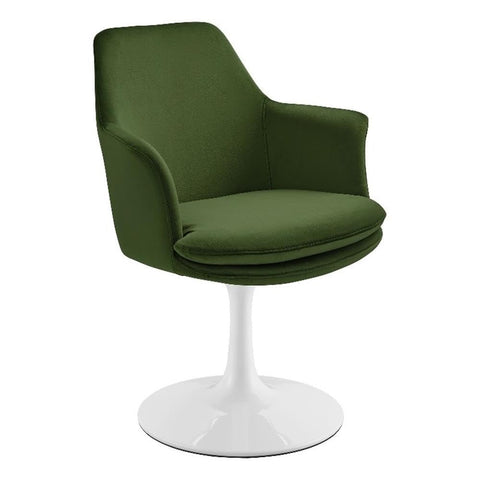 Modway Lippa Velvet Swivel Dining Armchair in White Moss Green – Rotating Accent Chair with Stain-Resistant Performance Velvet Upholstery – 360° Swivel Barrel Chair with Pedestal Base