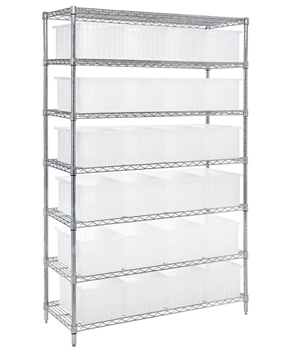 Quantum Storage Systems WR7-92080GY Wire Heavy Duty 7 Shelves 24 Dividable Grid Gray Bins 74" H x 48" W x 18" D