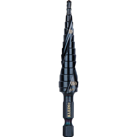Klein Tools QRST01 Step Drill Bit, Quick Release Spiral Double-Fluted, 1/8 to 1/2-Inch, Hex Shank, Cut Steel, Wood, Plastic, Aluminum