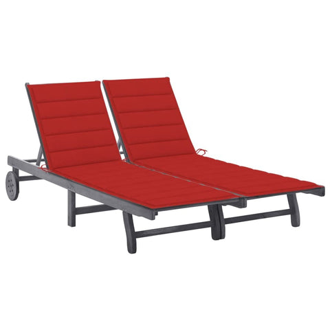 vidaXL - Solid Acacia Wood 2-Person Patio Sun Lounger with Red Cushion, Adjustable Backrest & Wheels - Gray Sunbed for Garden, Pool, Balcony
