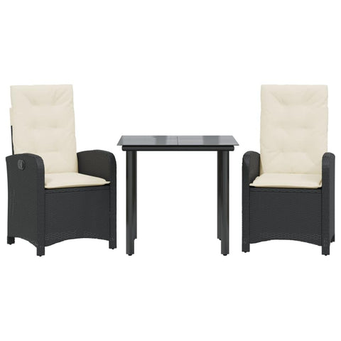 vidaXL 3 Piece Patio Dining Set/Outdoor Reclining Garden Chairs with Cushions/Black Poly Rattan/Glass Tabletop/Adjustable Backrest
