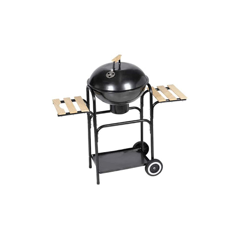 vidaXL Charcoal Barbecue with Wooden Working Tables, Lower Shelf - Portable, Painted Steel, 38" H x 40.2" W x 17.3" D Grill