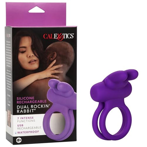 CalExotics Silicone Rechargeable Dual Rockin’ Rabbit Enhancer, Vibrating Cock Ring for Couple Adult Sex Toy Purple SE-1843-20-3