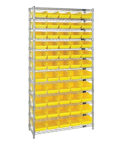 QUANTUM STORAGE SYSTEMS WR12-104YL Wire Heavy Duty 12 Shelves 74" H x 36" W x 18" D with 55 Yellow Bins 18" L x 7" W x 4" H