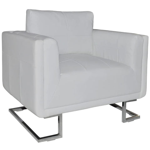 vidaXL Scandinavian-Modern Cube Armchair, White Leather Upholstered, Solid Wooden Frame with Chrome Feet, Comfort with High Tensile Pillow