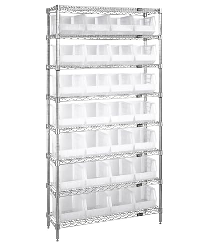Quantum Storage Systems WR8-239CL 8-Tier Complete Wire Shelving System with 28 QUS239CL Clear-View Ultra Hang-and-Stack Bins, 74" Height x 36" Width x 12" Depth