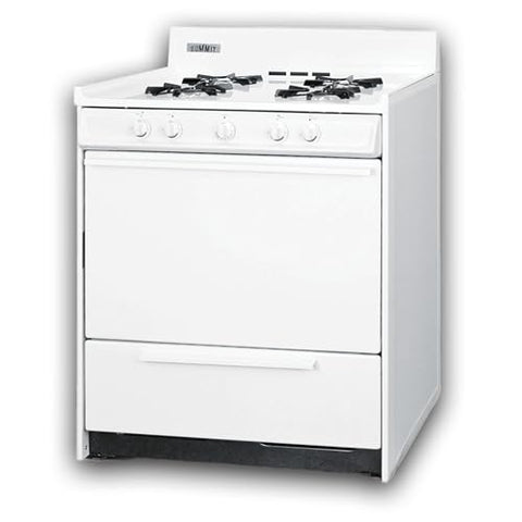 Summit 30" Gas Range Battery Ignition, 4 Opened Burners, 3.7 cu.ft Capacity oven, White- WNM210P