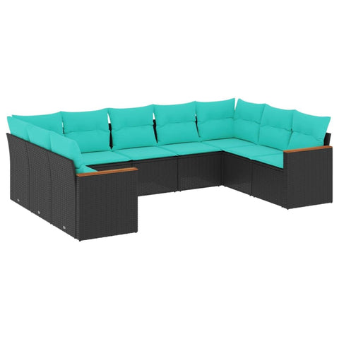 vidaXL Patio Sofa Set - Cushioned Outdoor Furniture 9-Piece - Black Poly Rattan with Blue Cushions - Garden, Terrace, or Patio Modular Lounge Set