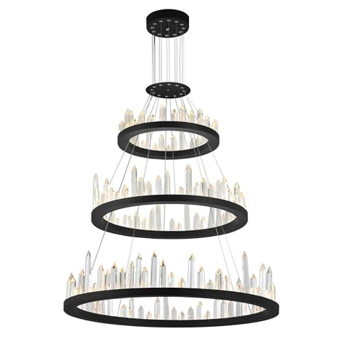 CWI Lighting Juliette 42in Black LED Chandelier with Crystal Prisms – Modern Geometric Flush Mount Ceiling Light Fixture – Integrated LED Lighting for Dining Room, Living Room, or Entryway