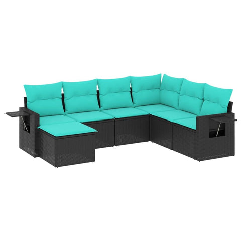 vidaXL Patio Sofa Set 7 Piece Black Poly Rattan with Blue Cushions - Weather- Outdoor Garden Furniture with Modular Design and Foldable Side Tables