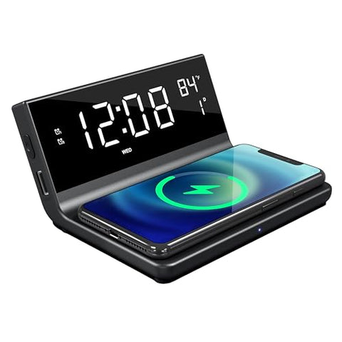 Supersonic SC-6025QI Dual Alarm Clock with Wireless Charger, Smart Nightstand Clock with Calendar, Room Temperature, LED Display, and Dual Device Charging