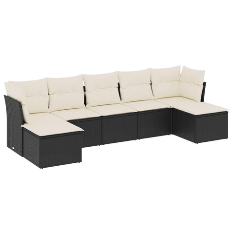 vidaXL 7 Piece Modular Garden Sofa Set with Cushions Black Frame Cream Pillows Outdoor Furniture for Patios and Gardens Patio Lounge Wicker Poly Rattan Corner