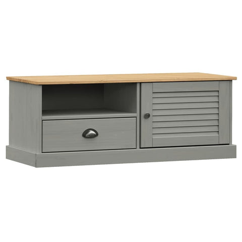 vidaXL Solid Pine Wood Entertainment Center VIGO - Gray TV Stand with Drawer, Metal Accents, 41.7x15.7x15.7 Inches, Ideal for Living Room and Bedroom