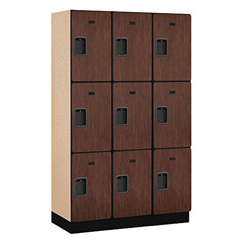 Salsbury Industries 3-Tier Extra Wide Designer Wood Locker with Three Wide Storage Units, 6-Feet High by 18-Inch Deep, Mahogany