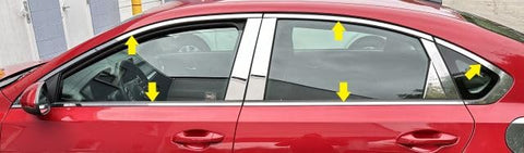 QAA part WP19811 is a 10 piece Stainless Steel Window Trim Package, Includes Upper Trim and Window Sills but no Pillar Posts that is compatible with Kia Forte 2019-2024