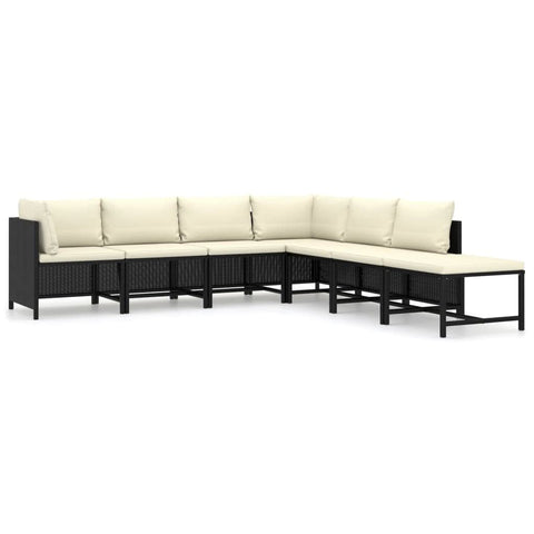 vidaXL Patio Lounge Set 7 Piece, Sectional Sofa for Outdoor, Patio Furniture with Cushions, Footstool, Farmhouse Modern Style, Poly Rattan Black