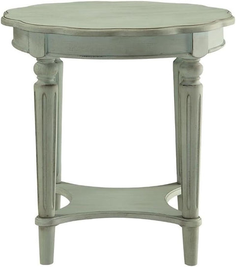Acme Fordon Round Wooden End Table with Bottom Shelf in Antique Green