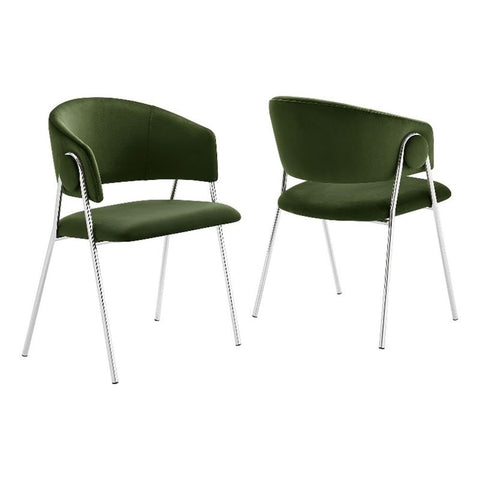 Modway Nella Performance Velvet Barrel Dining Chairs Set of 2 in Moss Green Silver - Velvet Retro Club Kitchen Chairs with Metal Legs - Mid Century Modern Living Room Accent Armchairs