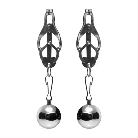 Master Series Deviant Monarch Weighted Nipple Clamps for Men, Women, and Couples, Adjustable Tension with Rubber Tips, Dual 8 Oz Weights, Metal Construction, 1 Count Restraint Accessory